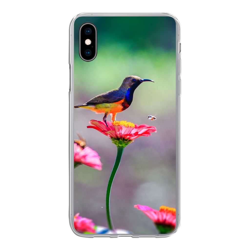 MuchoWow Handyhülle Schutzhülle Hülle für iPhone Xs Nahaufnahme eines Kolibris auf rosa Blüten Silikon Softcase Handy Hülle - Handytasche