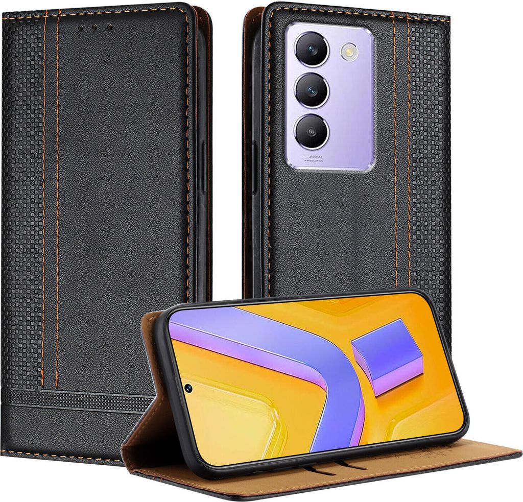 Handyhülle für Vivo Y200e Leder Flip Klappbare Schutzhülle mit Standfunktion Schwarz