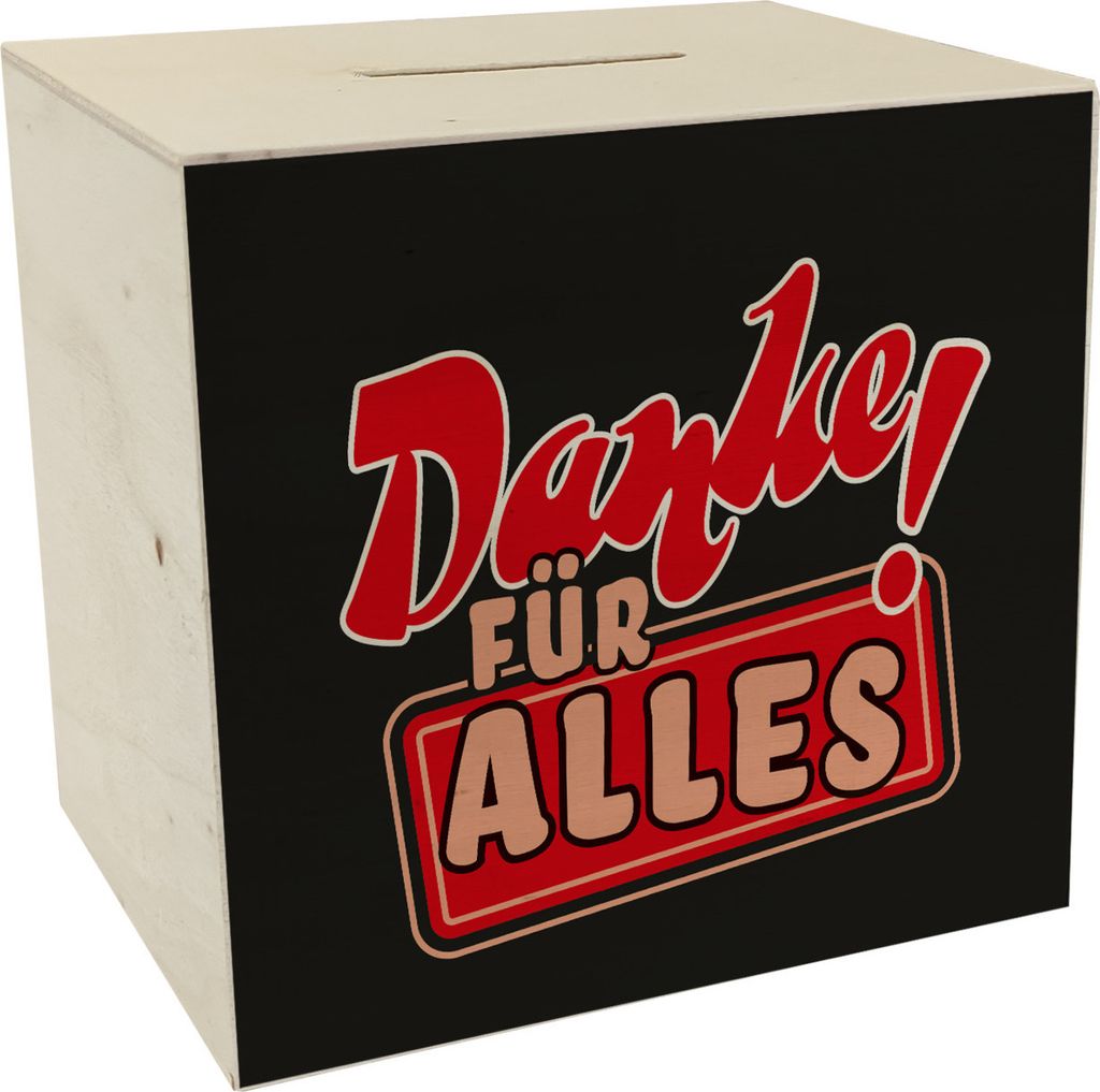 Spardose aus Holz in Rot zum Thema Dankbarkeit - Danke für Alles!
