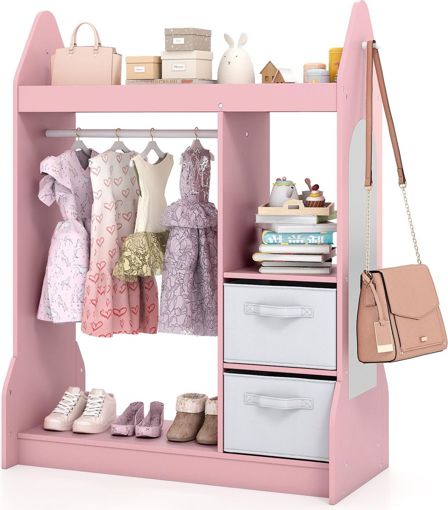 COSTWAY 81x38x107 cm Kindergarderobe mit Spiegel, Kinderkleiderschrank mit Kleiderstange, 2 Stoffschubladen & Haken, Kinder Garderobe aus Holz,Rosa