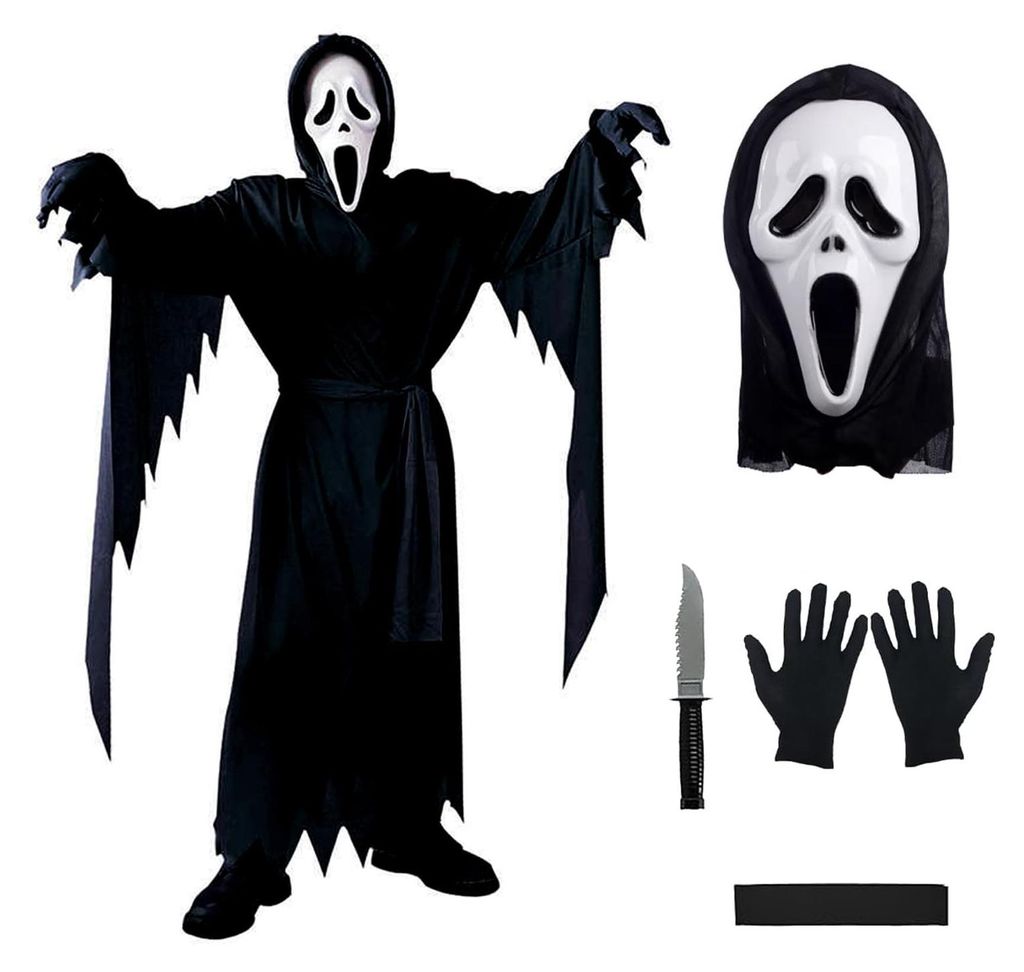 Ghostface-Kostüm für Kinder, XL, Schwarz, mit Kapuze