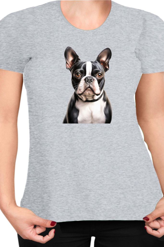 Damen T-Shirt Dogs Breeds Boston Terrier Dog Breed 007, Lady M / Grau