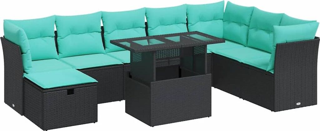 9-tlg. Garten-Sofagarnitur mit Kissen Schwarz Poly Rattan