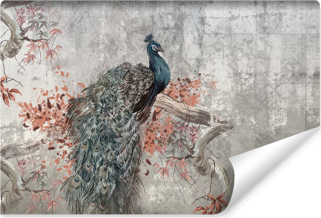 Muralo Selbstklebende Fototapete PFAU Blumen Beton Abstraktion Vintage Br. 270cm x Hö. 180cm