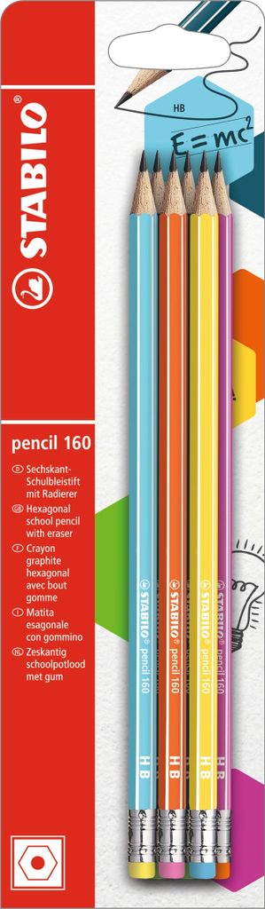 Bleistift mit Radierer - STABILO pencil 160 in 2x petrol, gelb, orange, blau, pink - Härtegrad HB - 6er Pack