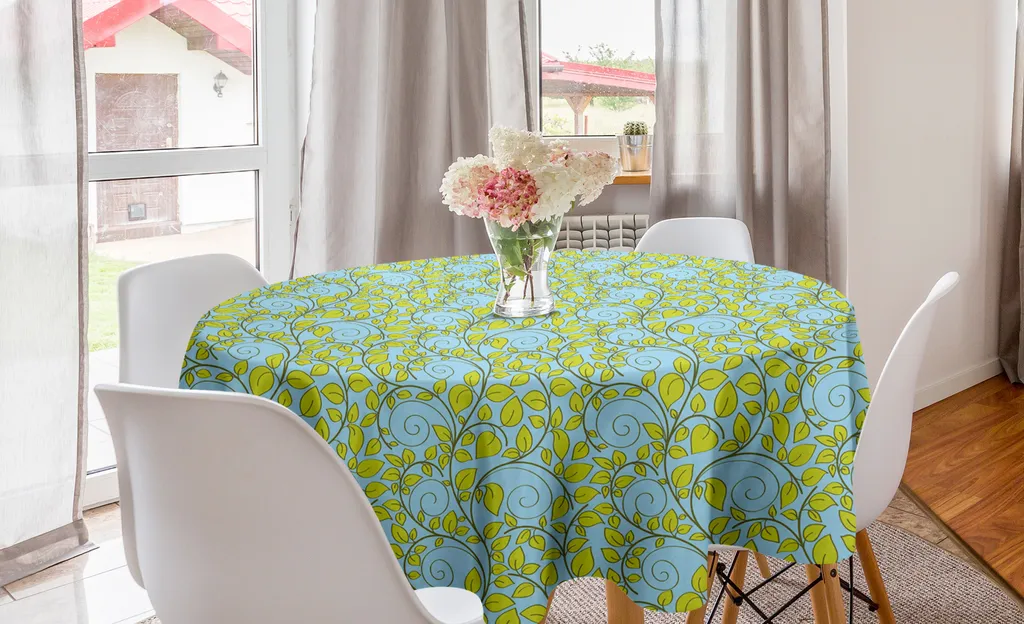 Tovaglia Estiva Rotonda ABAKUHAUS 150cm: Motivi Botanici Blu e Verde