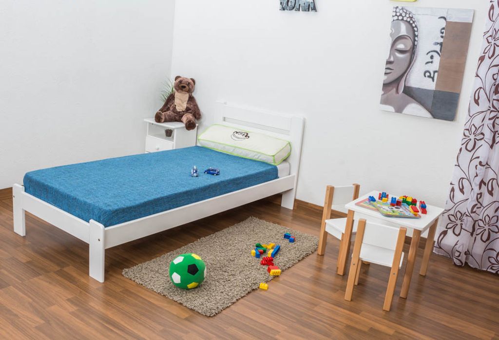 Kinderbett / Jugendbett Kiefer Vollholz massiv weiß lackiert A27, inkl. Lattenrost - Abmessung 90 x 200 cm