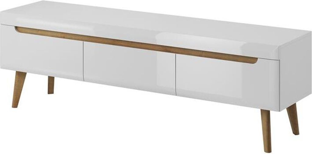 BETTSO TV-Schrank TV-Möbel TV-Tisch TV-Regal Lowboard für das Wohnzimmer mit 3 Schubladen auf hohen Holzbeinen NODIS Weiß Glanz mit Braun Eiche