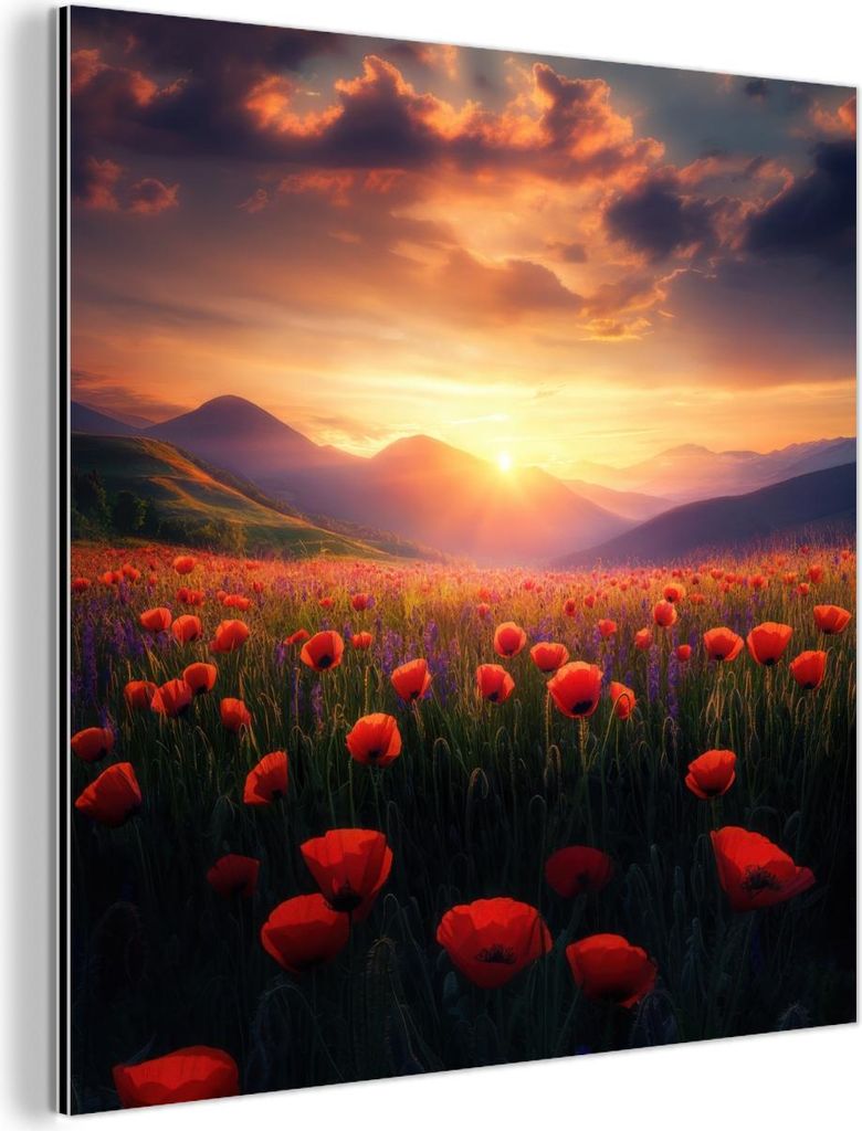 MuchoWow Wanddekoration Metall Metallbild Wandkunst 20x20 cm Landschaft - Sonnenuntergang - Blumenfeld MuchoWow Aluminium Gemälde - Alu Dibond Bilder