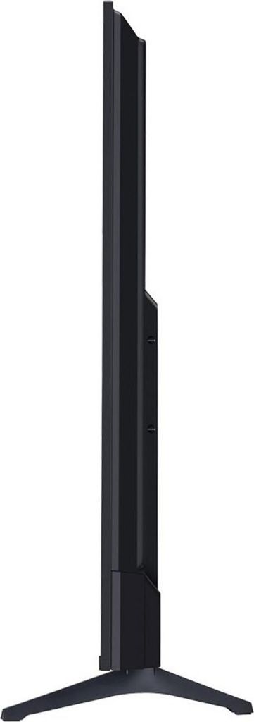 Side view of a black LG television on a stand, isolated on a white background.