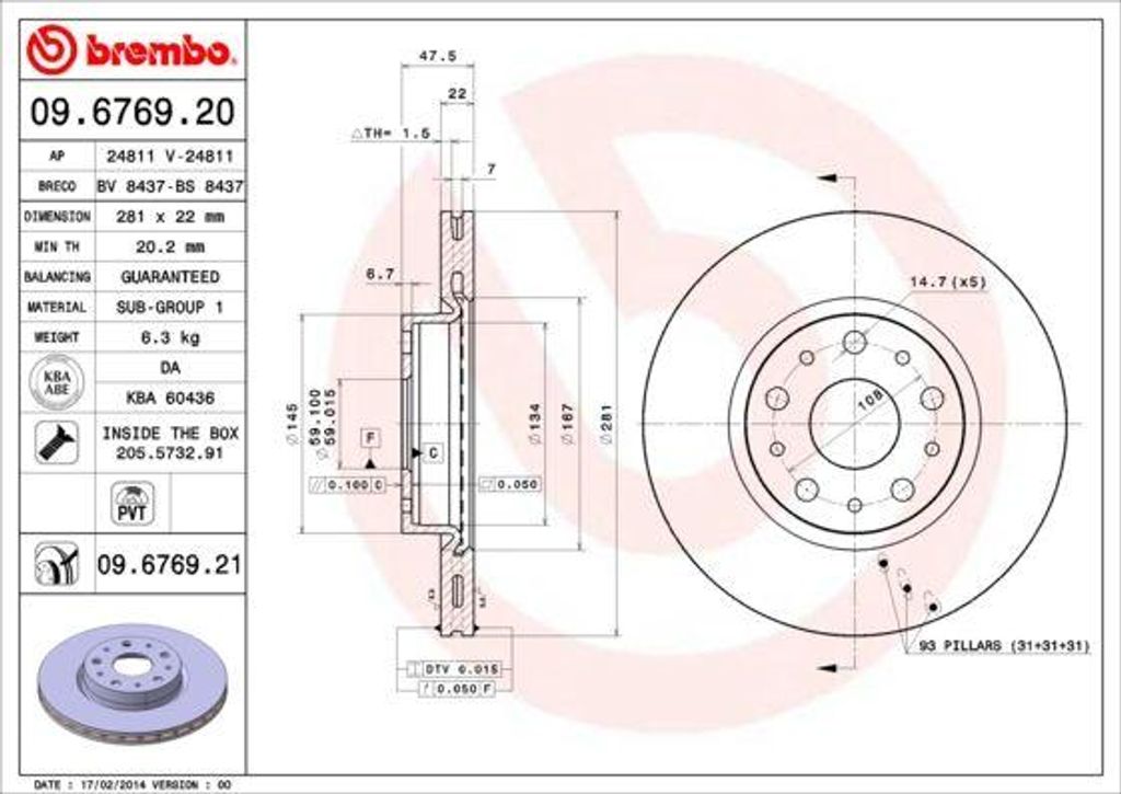BREMBO 09.6769.21 Bremsscheibe OE 46469907 kompatibel mit Thesis