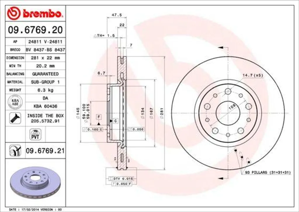 Disque de frein avant ventilé haute qualité Brembo pour Lancia Thesis