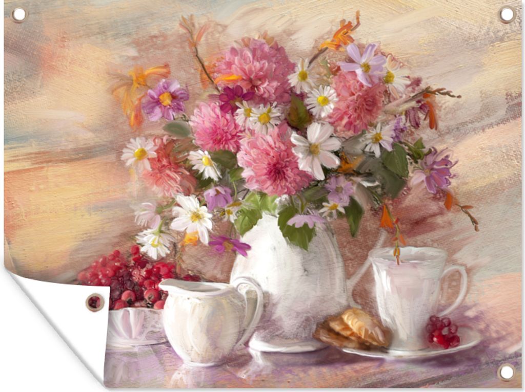 MuchoWow 80x60 cm Outdoor-Poster Gartendeko Sichtschutz Garten Poster für den Garten Gemälde - Blumen - Vase - Ölfarbe