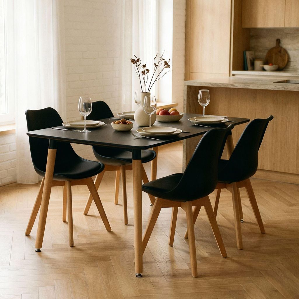Essgruppe SHANNON/ABBY mit Tisch und 4 Stühlen, Schwarz - Esstisch klein mit 4 Stühlen Set, Esszimmermöbel im Skandi Stil, ideal für kompakte E...