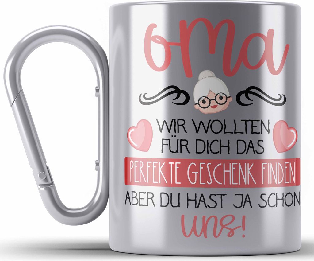 Trendation - Beste Oma Geschenk Edelstahl Tasse Karabiner Geburtstagsgeschenk Enkel Geschenkideen Lustig Geburtstag (Silber)