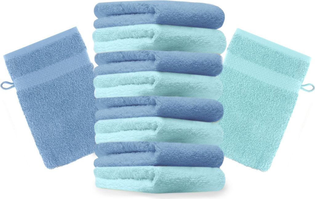 Betz 10 Stück Waschhandschuhe 16x21 cm PREMIUM 100% Baumwolle Farbe: türkis und hellblau