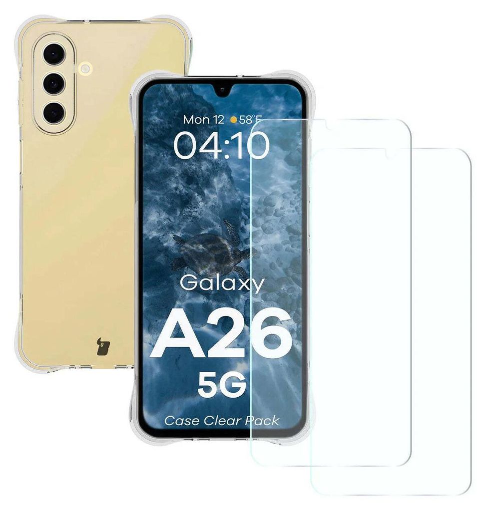 A clear case and two screen protectors for a Samsung Galaxy A26 5G phone are displayed.