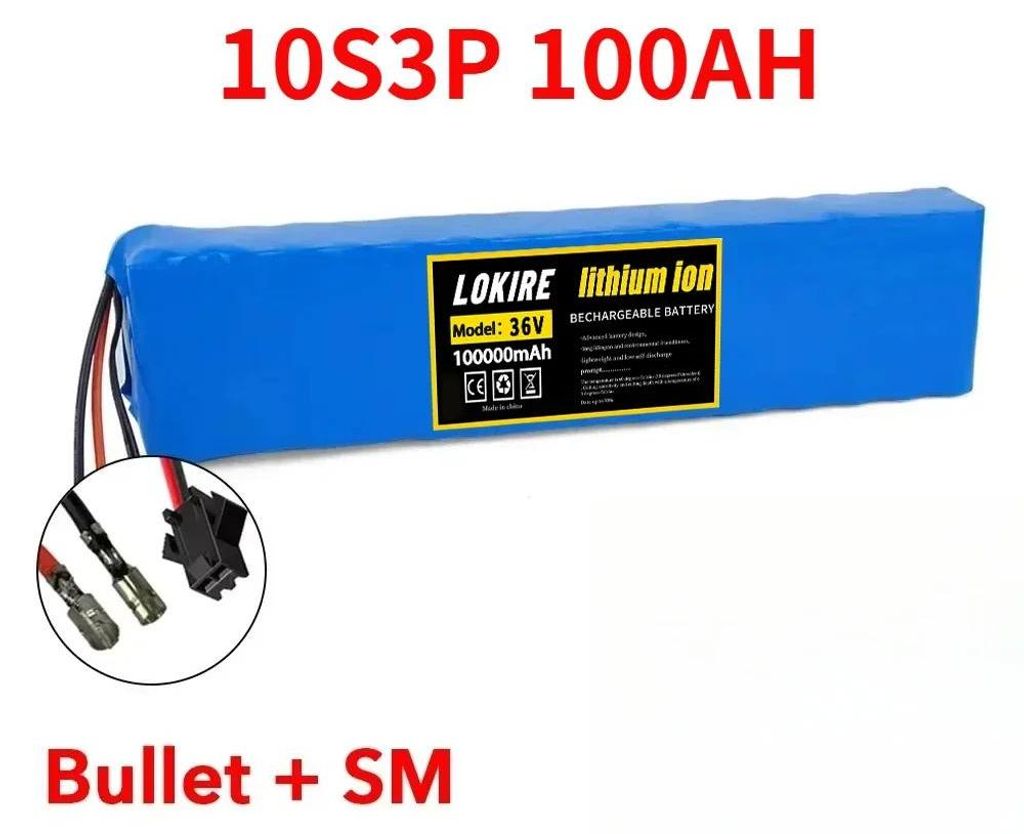 36V Lithium-Ionen Akku E-Scooter - Batteriepack 10S3P 18650 - 100Ah 1000W - Mit BMS - Ladeschluss 42V - Bullet-SM