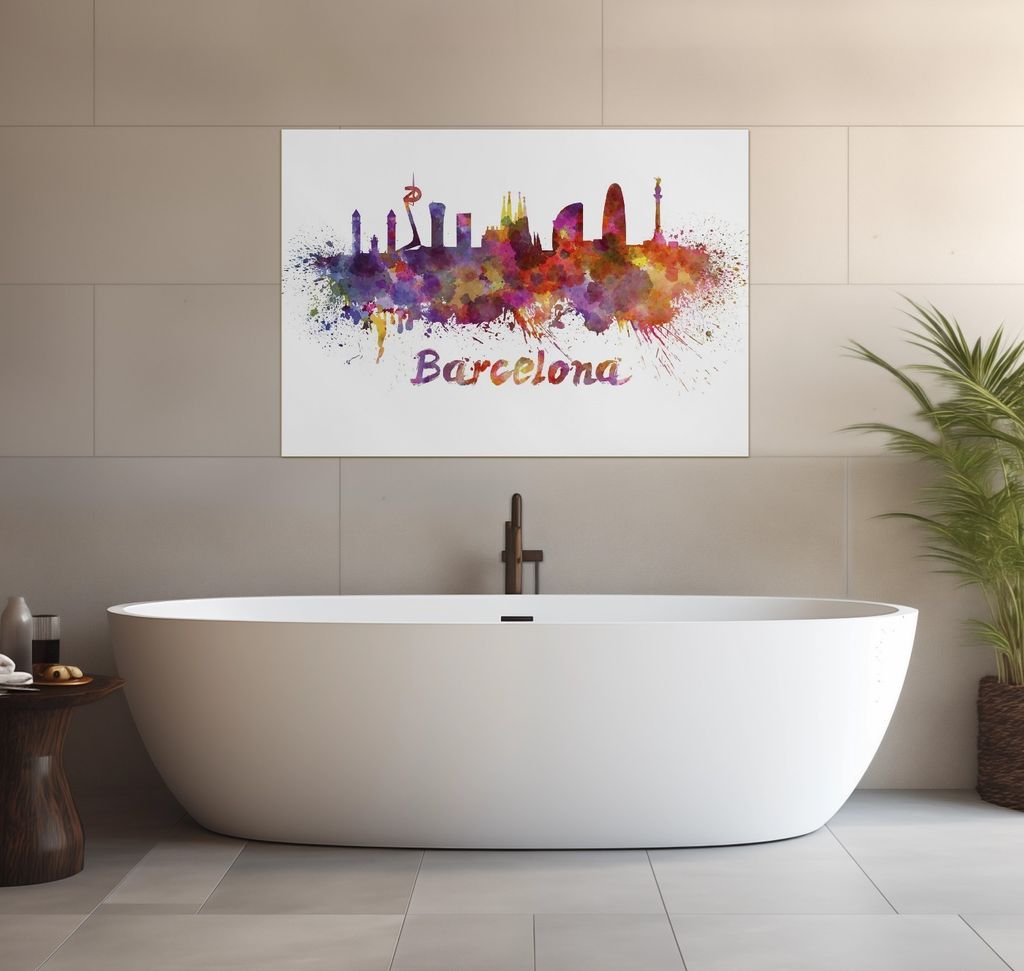 Wallario wasserfestes Poster selbstklebend 70 x 100 cm, Städte als Aquarell - Skyline von Barcelona, Badezimmerposter Spritzschutz mit Hochglanzob...