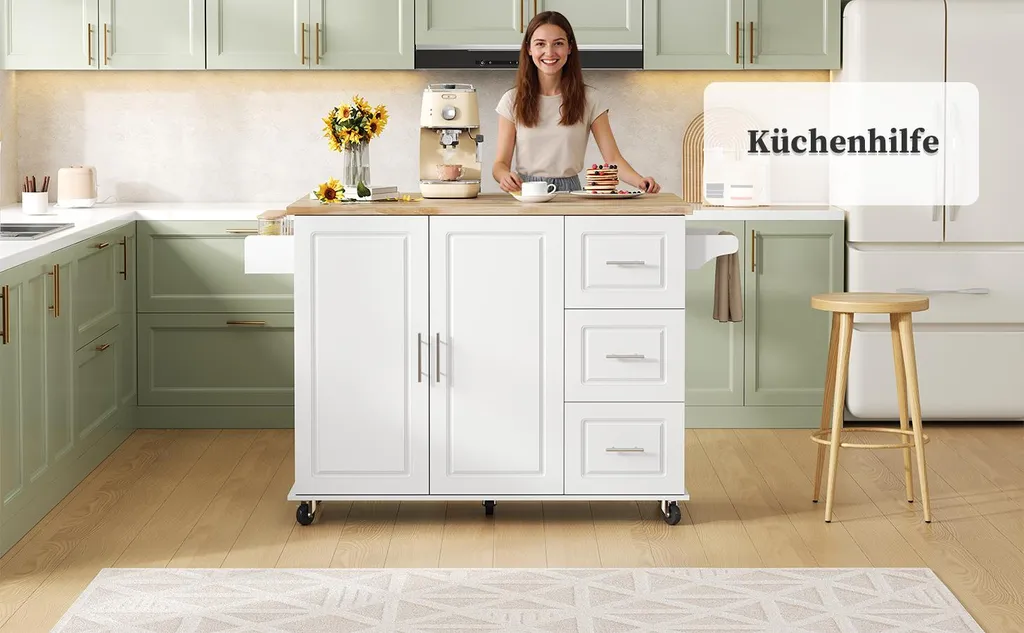 Desserte de cuisine mobile en chêne avec plateau extensible et rangements