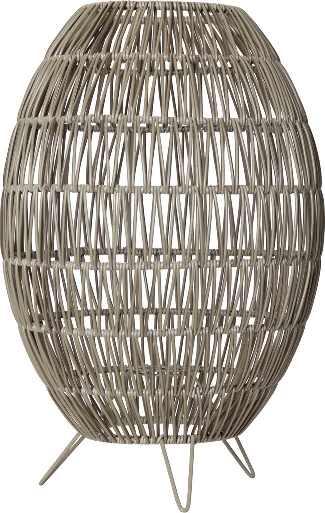 A close-up shot of a beige woven lampshade on a white background.