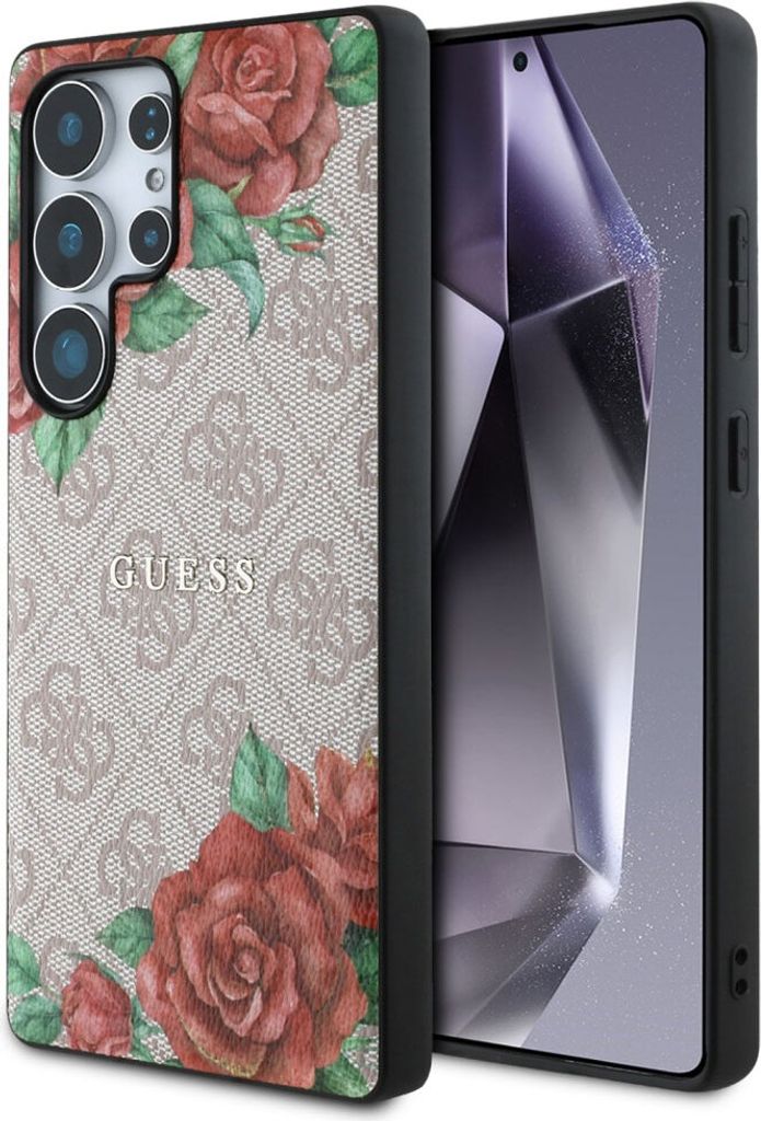 Guess Leder 4G Blumenprint Metall Klassisches Logo MagSafe Samsung Galaxy S25 Ultra pink