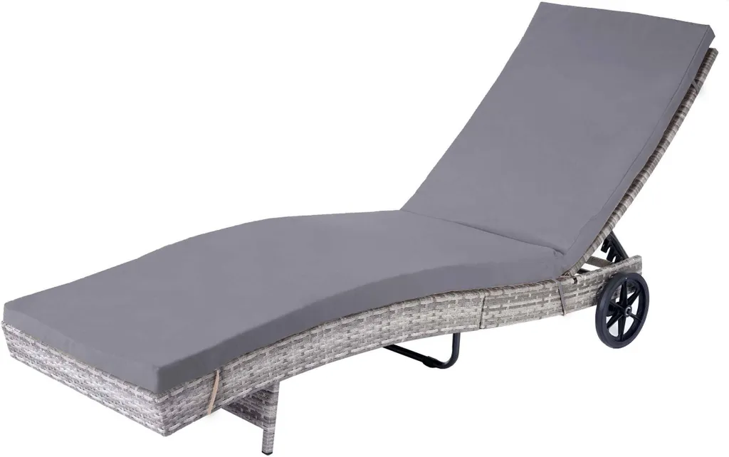 Chaise longue HWC-D80 en Poly-Rattan Gris avec coussin foncé de jardin