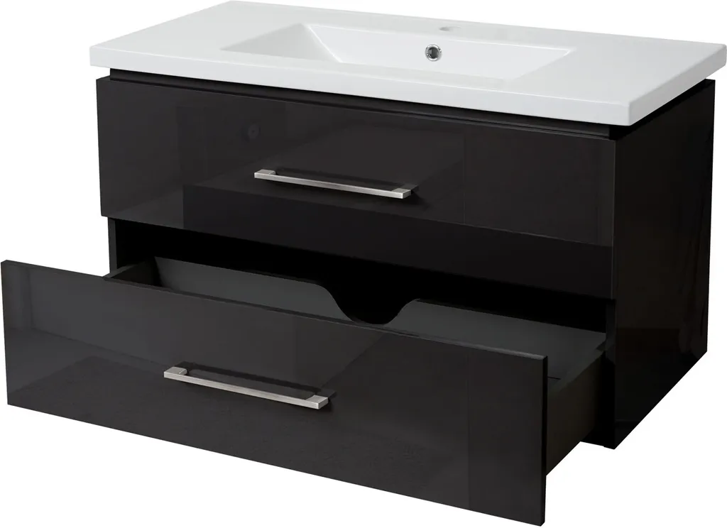 Meuble sous-lavabo HWC-D16 avec vasque 90cm noir brillant premium