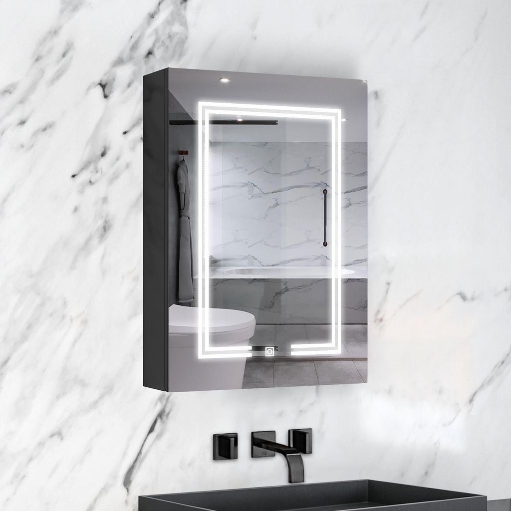 AICA LED Spiegelschrank mit Steckdose 60x70cm ,Touch/Wandschalter, 3 Lichtfarbe dimmbar , Anti-Beschlag , Hochglanz Schwarz