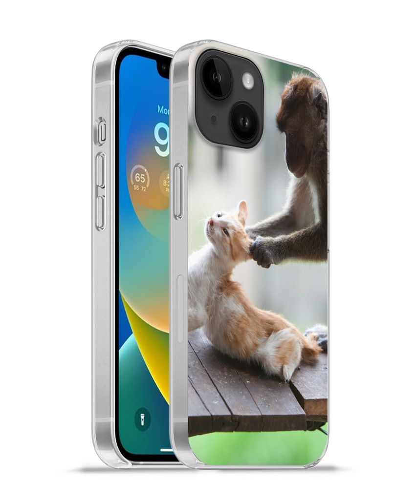 MuchoWow Handyhülle Schutzhülle Hülle für Apple iPhone 14 - Softcase Katze - Affe - Holz Silikon Softcase Handy Hülle - Mobiltelefonhülle