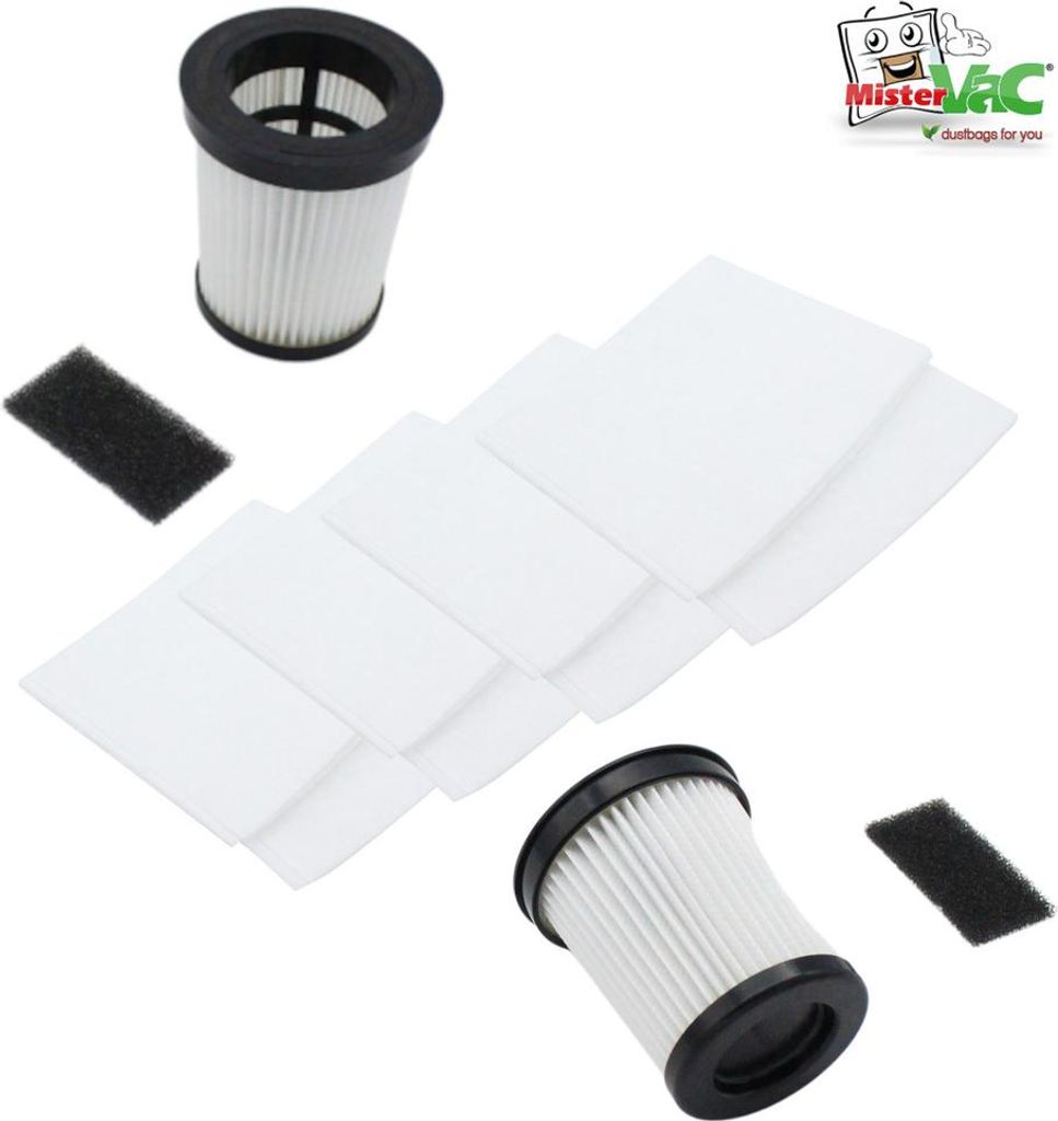 A collection of vacuum cleaner filters and filter material on a white background.