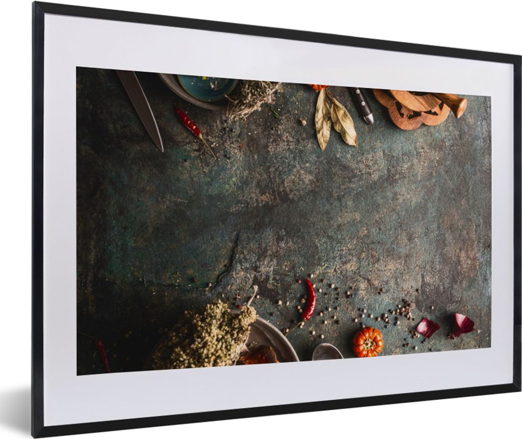 MuchoWow Gerahmtes Poster Marmor - Gemüse - Herbst - Kürbis - Rustikal - Kräuter 60x40 cm - Poster mit Schwarzem Bilderrahmen Wandposter Rahme...