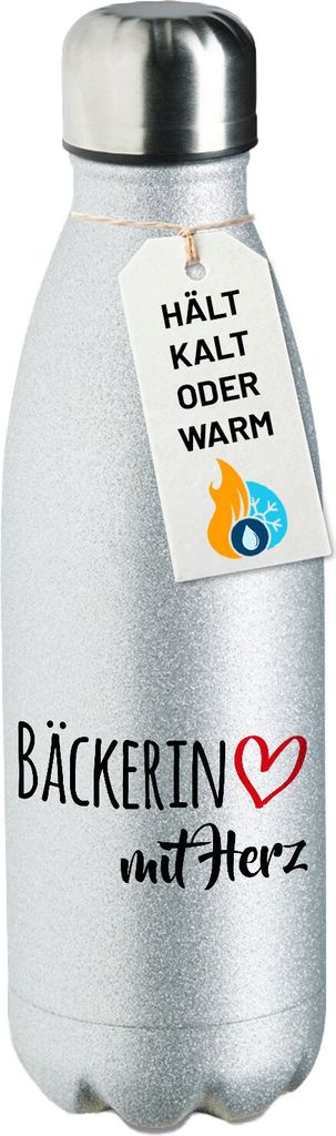Huuraa Trinkflasche Bäckerin mit Herz 500ml Silver Edelstahl Wasserflasche Trinkflasche Geschenkidee