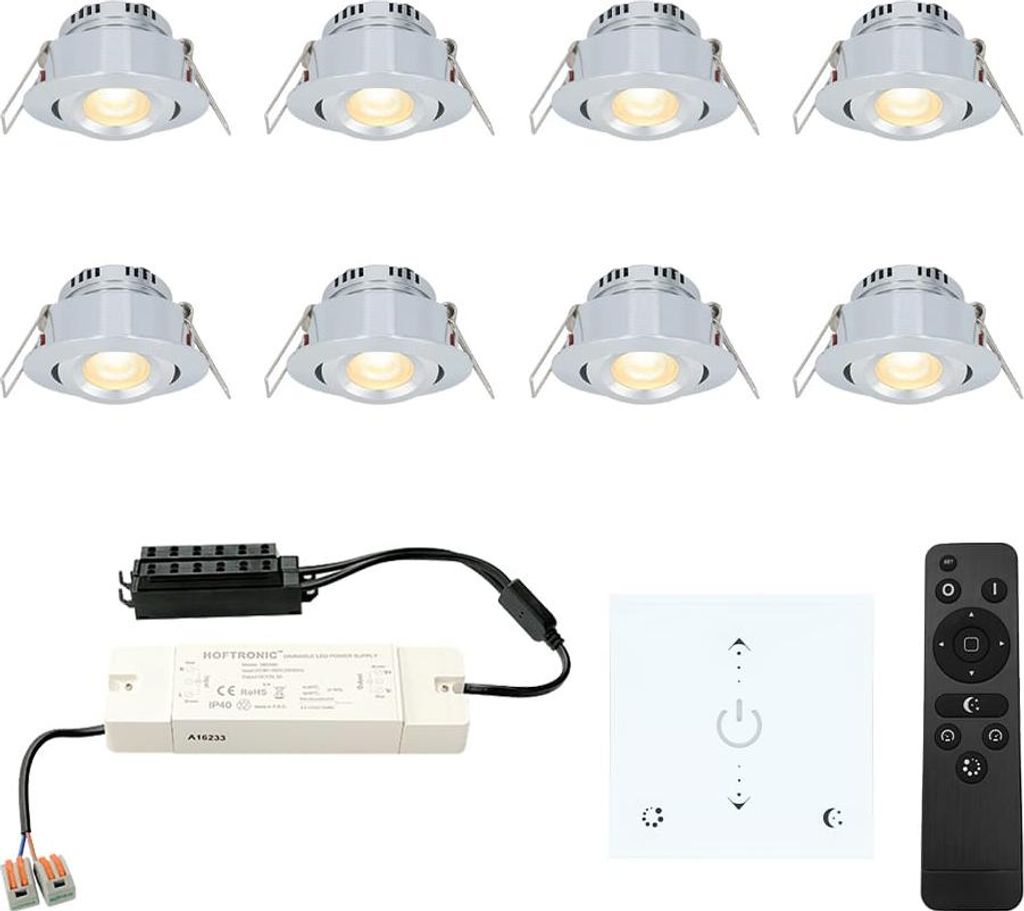 hoftronic 8x Granada Mini LED Einbaustrahler 3W 200lm 2700K IP44 Aluminium