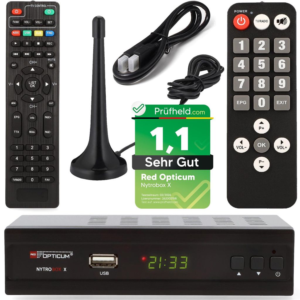 DVB-T2 Receiver mit PVR Aufnahmefunktion + DVB-T Antenne + Senior Fernbedienung, Opticum Nytrobox X im SET für DVB T & DVB T2 HD Fernsehen und Rad...