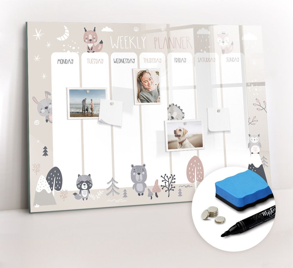 Magnetpinnwand Memoboard - Zubehörsatz - Schwarzer Marker + Schwamm + Magnete - 100 x 70 cm - Tierplaner