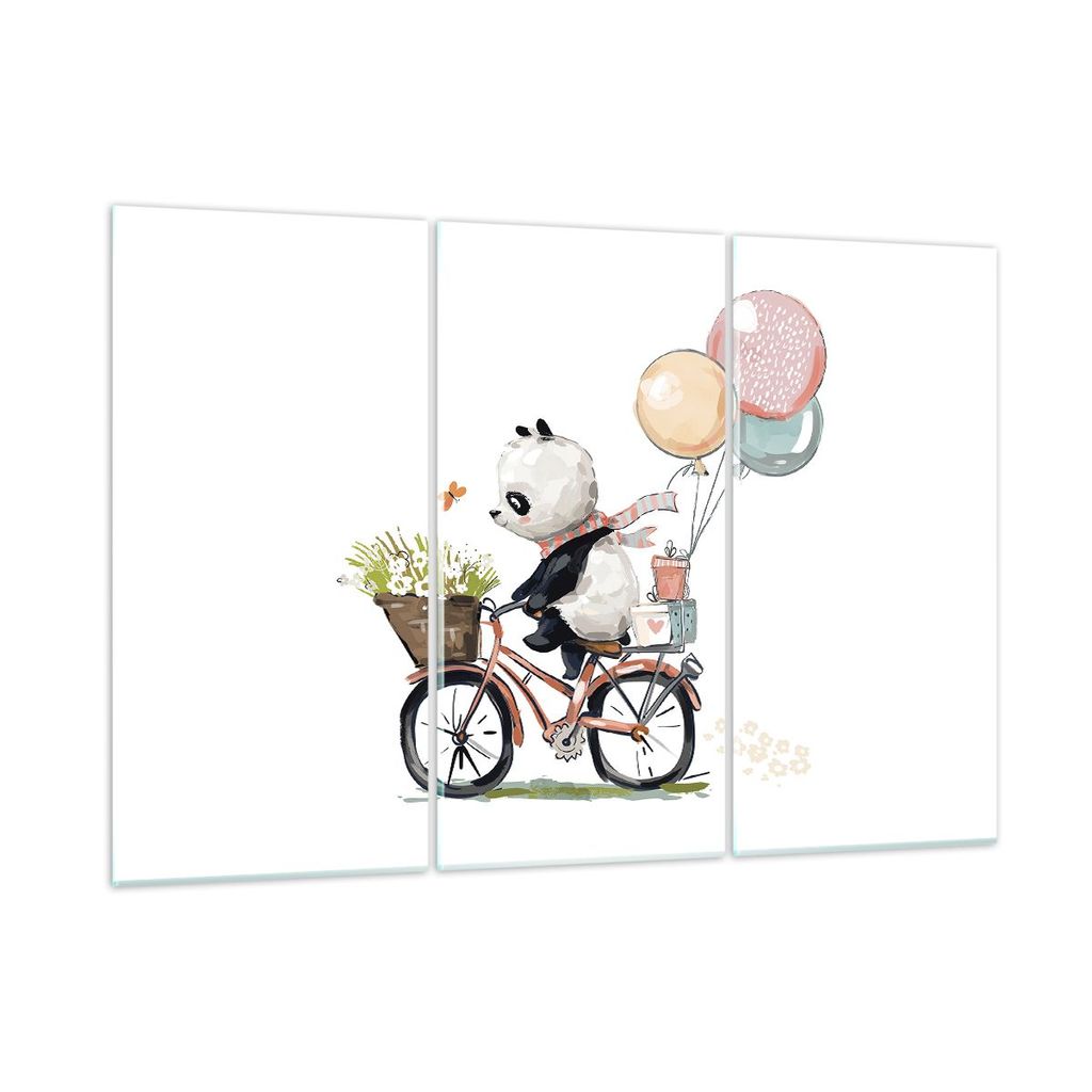 Bilder auf glas - 3 Teile - Panda Fahrrad Kinder - 105x70cm - Glasbilder - Wandbilder - Bilder - zum Aufhängen bereit - Wanddekoration aus Glas - ...