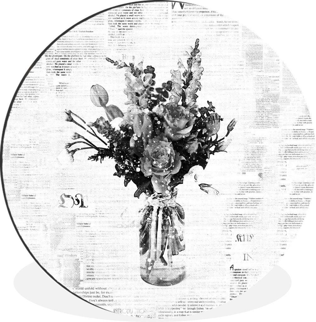 MuchoWow Aluminium Wandkreis Vase - Blumen - Zeitung - Schwarz - Weiß Ø 60 cm Wanddeko Modern Wohnzimmer - Wand Kreis - Wandbild - Schlafzimmer...