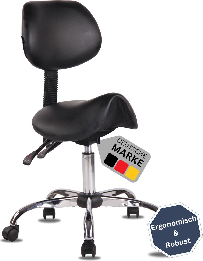 DELUKE Sattelhocker mit Lehne KOLLI | Höhenverstellbar, Drehbar | Kunstleder pflegeleicht | Rollhocker Arbeitshocker Praxishocker Arzthocker Bü...
