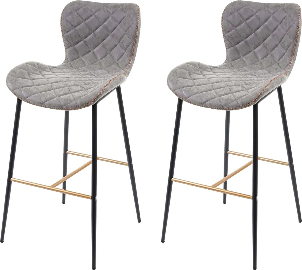 Chaise de bar vintage en simili daim gris avec repose-pieds doré lot 2