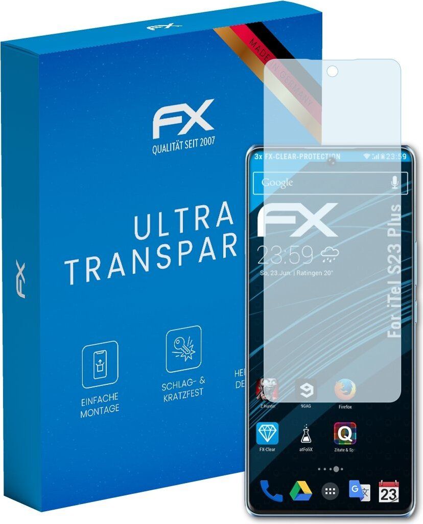 atFoliX FX-Clear 3x Schutzfolie kompatibel mit iTel S23 Plus Displayschutzfolie