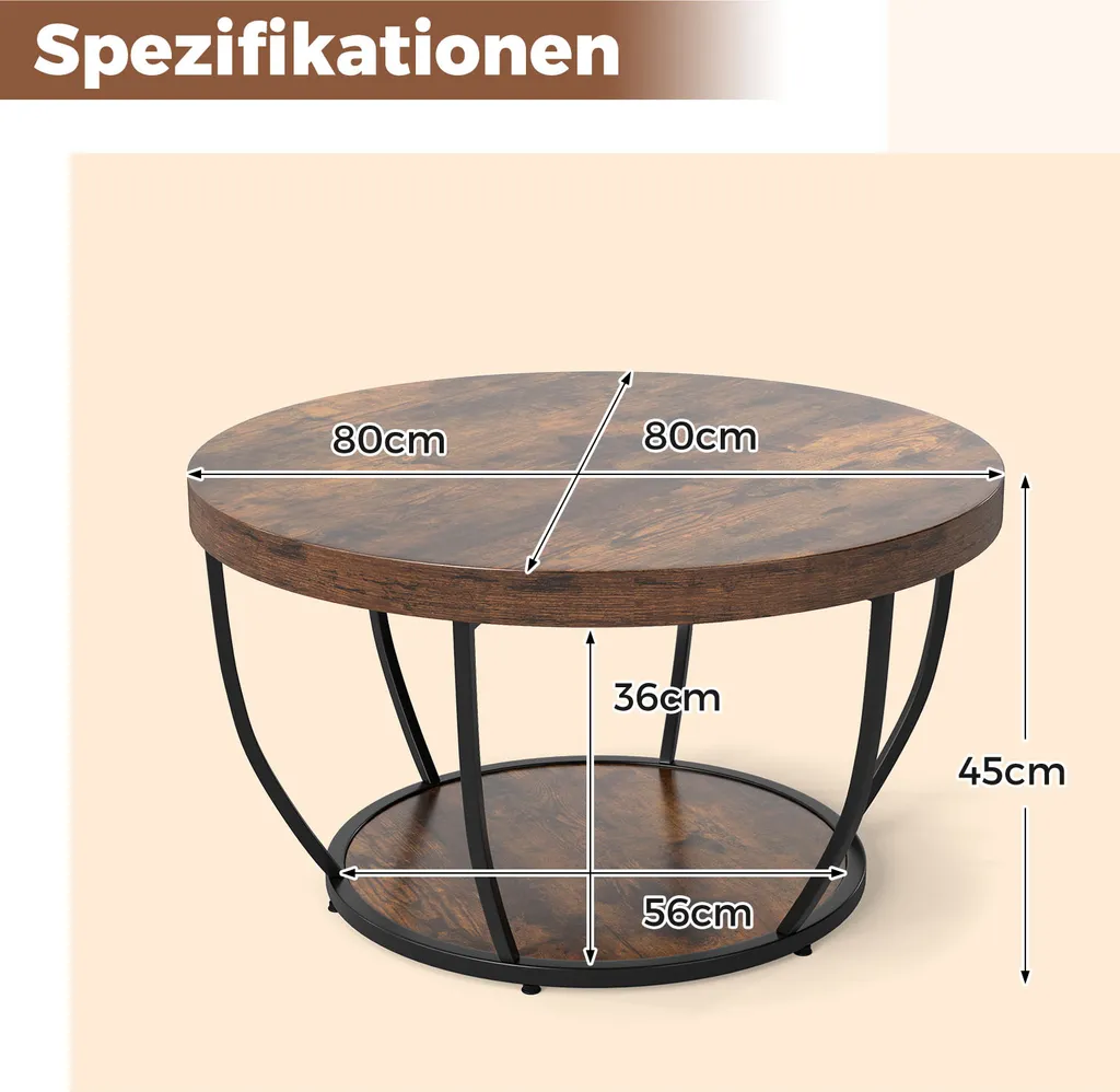 Table basse robuste 80cm avec rangement à 2 étages et structure acier