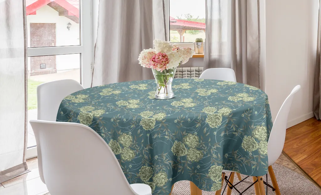 ABAKUHAUS Tovaglia rotonda Nelke, morbido ramoscello vorticoso da giardino, tovaglia circolare per sala da pranzo, decorazione per cucina, 150 cm, blu cadetto e verde chiaro
