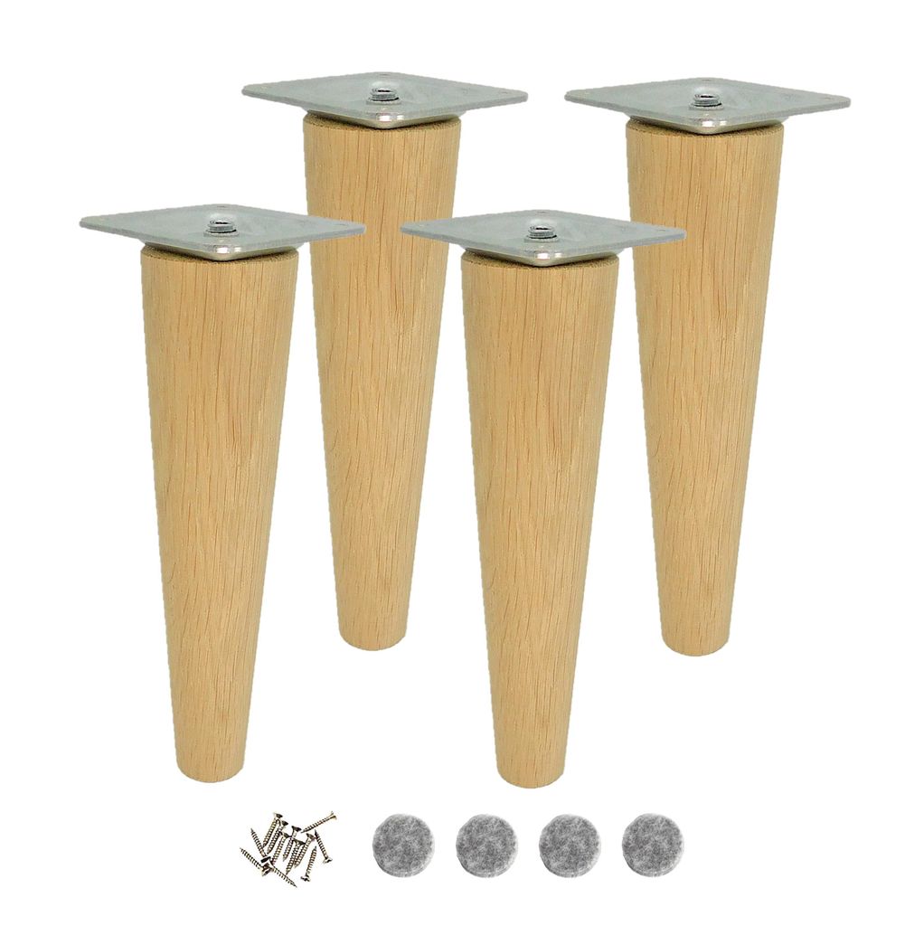 4x Möbelfuß aus Eiche – konisch, roh, 18 cm – mit M8-Schraube & Montageplatte
