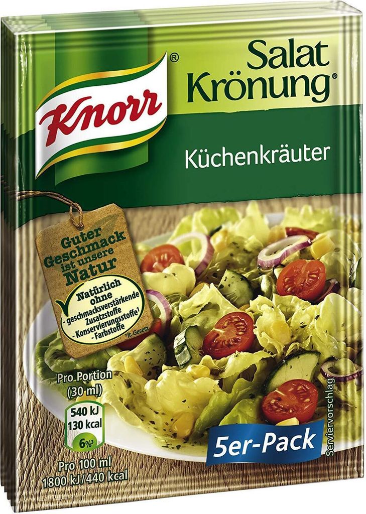 A product package for Knorr salad dressing mix, featuring an image of a prepared salad.