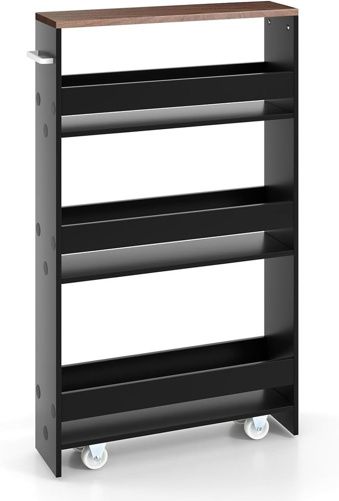 GOPLUS Nischenregal mit Rollen, 4 Ebenen Regalwagen mit Griff, Küchenschrank Badregal Rollregal für Küche Bad, Wäsche (Schwarz + Braun)