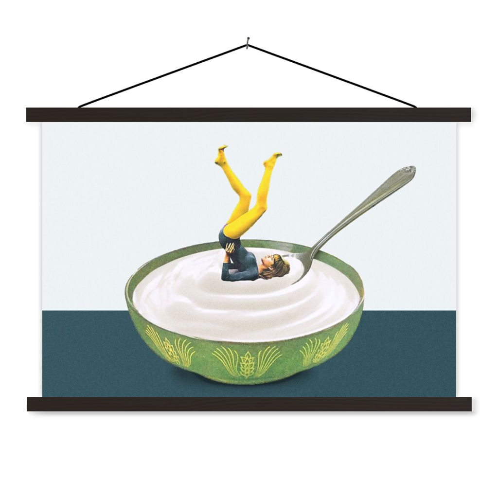 MuchoWow Textilposter Joghurt - Yoga - Retro 60x40 cm mit schwarzem Rahmen - Hölzernes