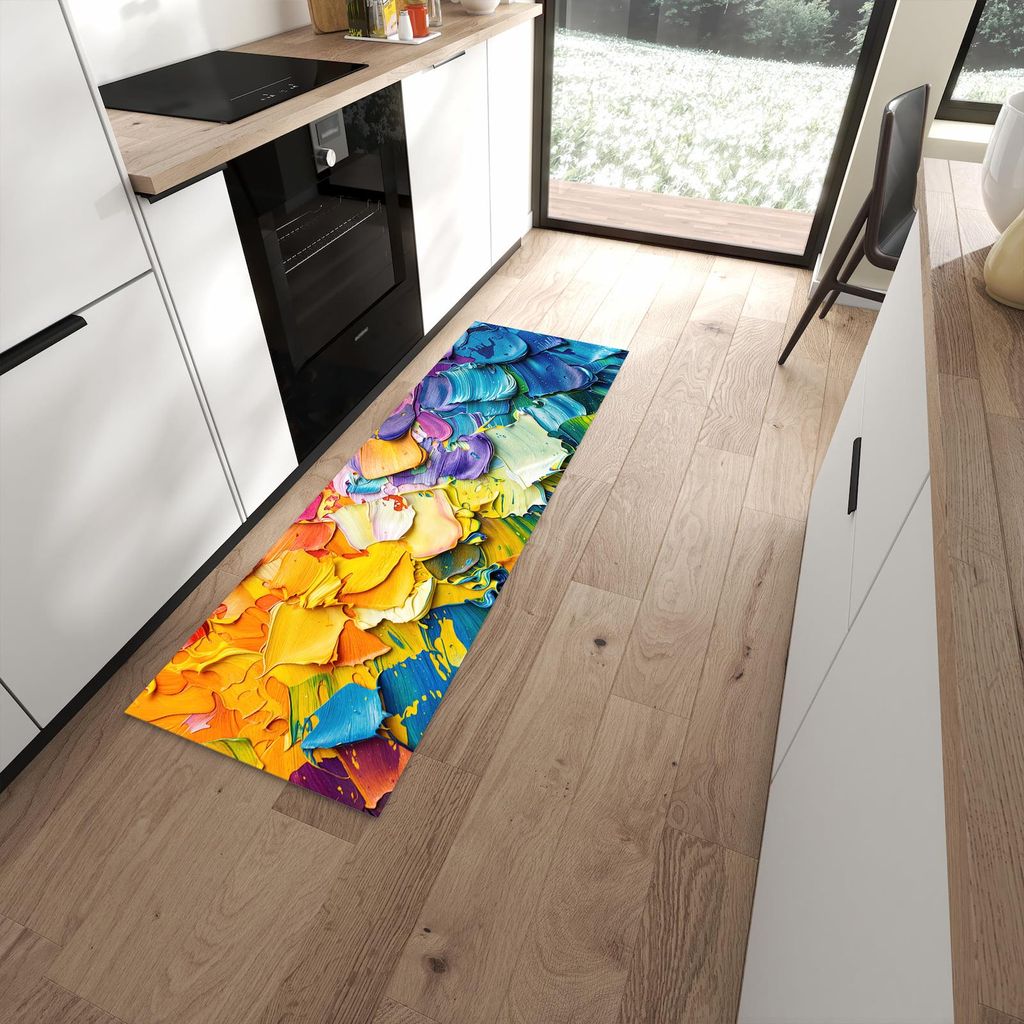 Küchenteppich 60x180cm rutschfest & abwischbar PVC Läufer - Farbenfrohe Pinselstriche