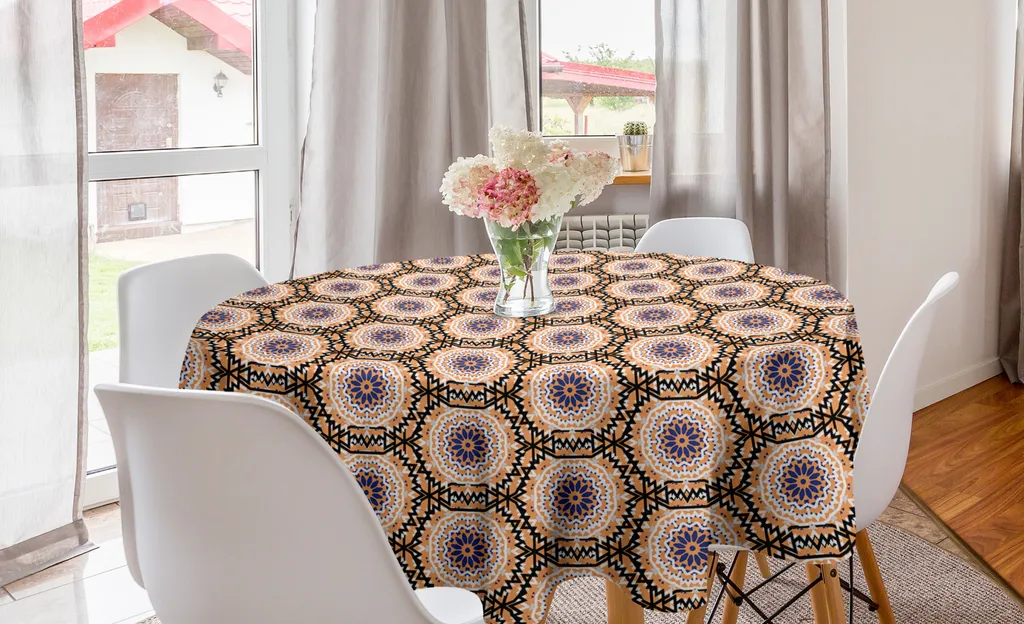 ABAKUHAUS Tovaglia rotonda Orange Mandala, stampa etnica boho, tovaglia circolare per sala da pranzo, decorazione cucina, 150 cm, multicolore