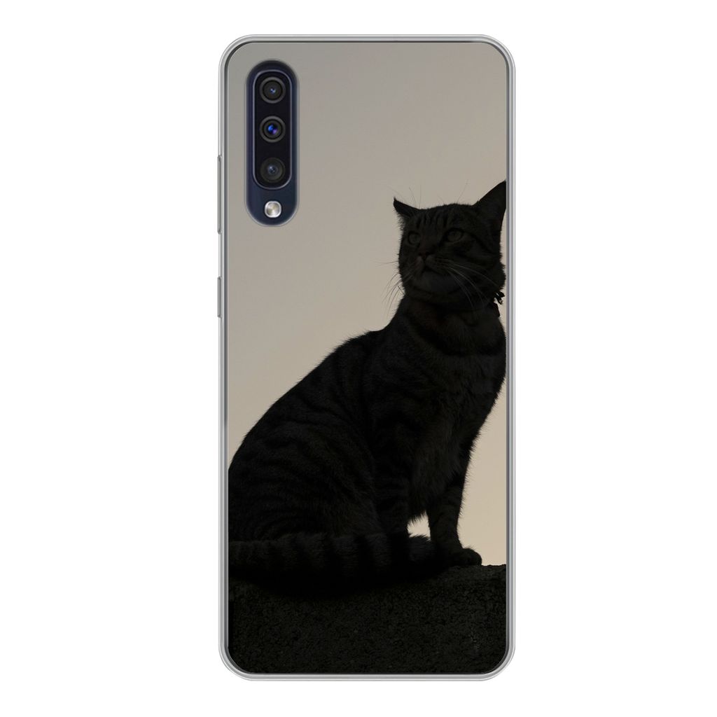 MuchoWow Handyhülle Schutzhülle Hülle für Samsung Galaxy A50 Katze - Dunkelheit - Zaun Silikon Softcase Handy Hülle - Mobiltelefonhülle